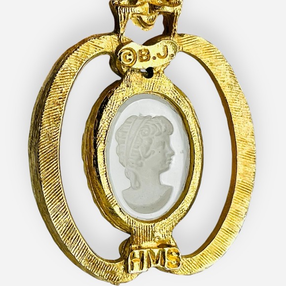 Vintage HMS BJ Cameo Necklace Gold Triple Strand Reverse Glass Chain Bar 20" - Picture 7 of 8